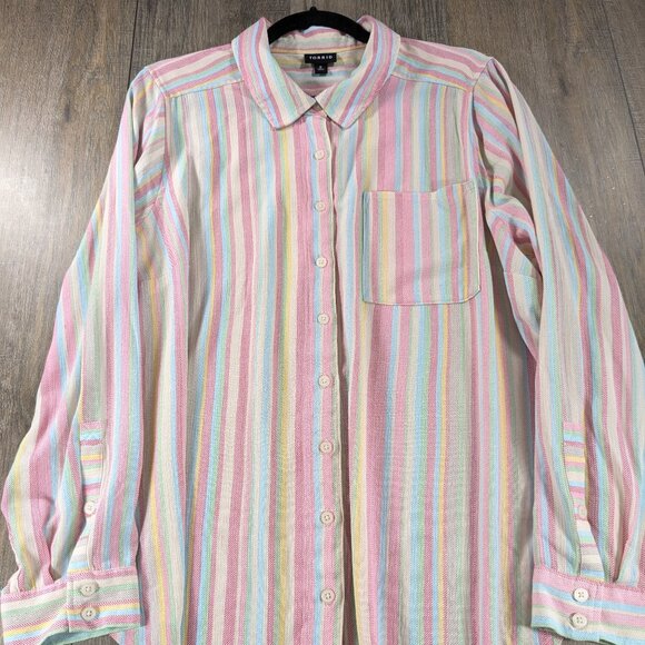Torrid Tunic Top Womens 2X Multicolor Striped Button Up Long Sleeve Retro BOHO - Picture 1 of 9